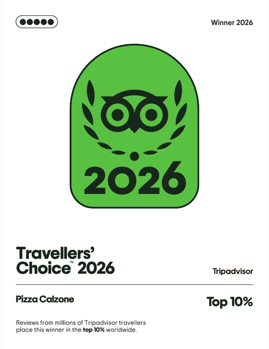 Pizza Calzone Tripadvisor Travellers’ Choice 2026 certificate — top 10% worldwide